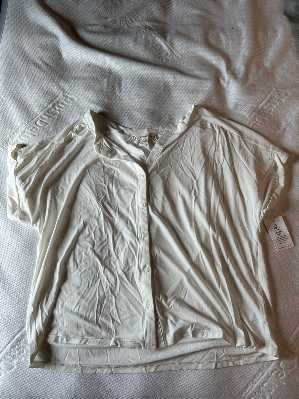 Lucky Brand Cream Button-Front Short Sleeve Crop Top
